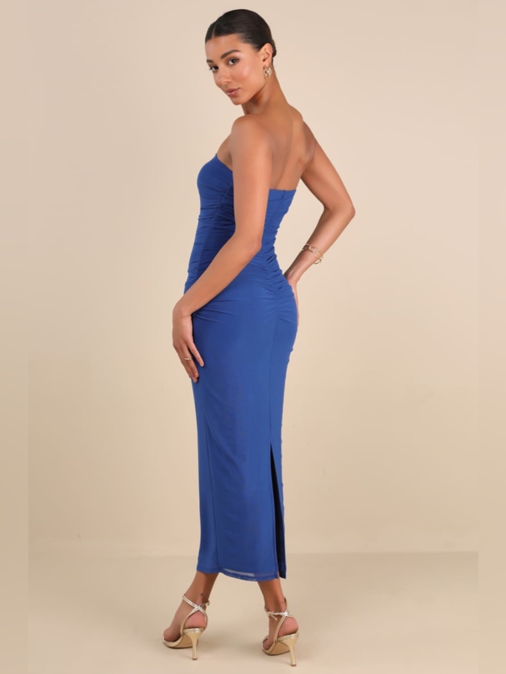 LULU’S LATE NIGHT CRUSH MESH RUCHED STRAPLESS MIDI DRESS - Picture 3 of 12